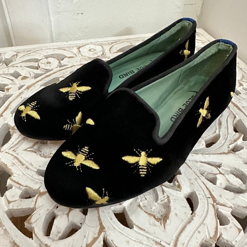 Blue bird gold embroidered bee black velvet smoking loafer